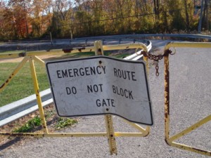 Photo of the gate closing off the Institute community's evacuation route. By Maya Nye, 11/08