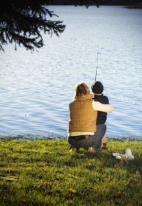 Mother and son fishing